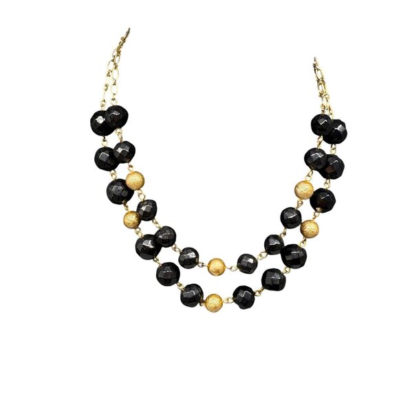 Vintage Black Gold Faceted Beads Double-Strand Chain Necklace Gold Tone - Picture 5 of 7